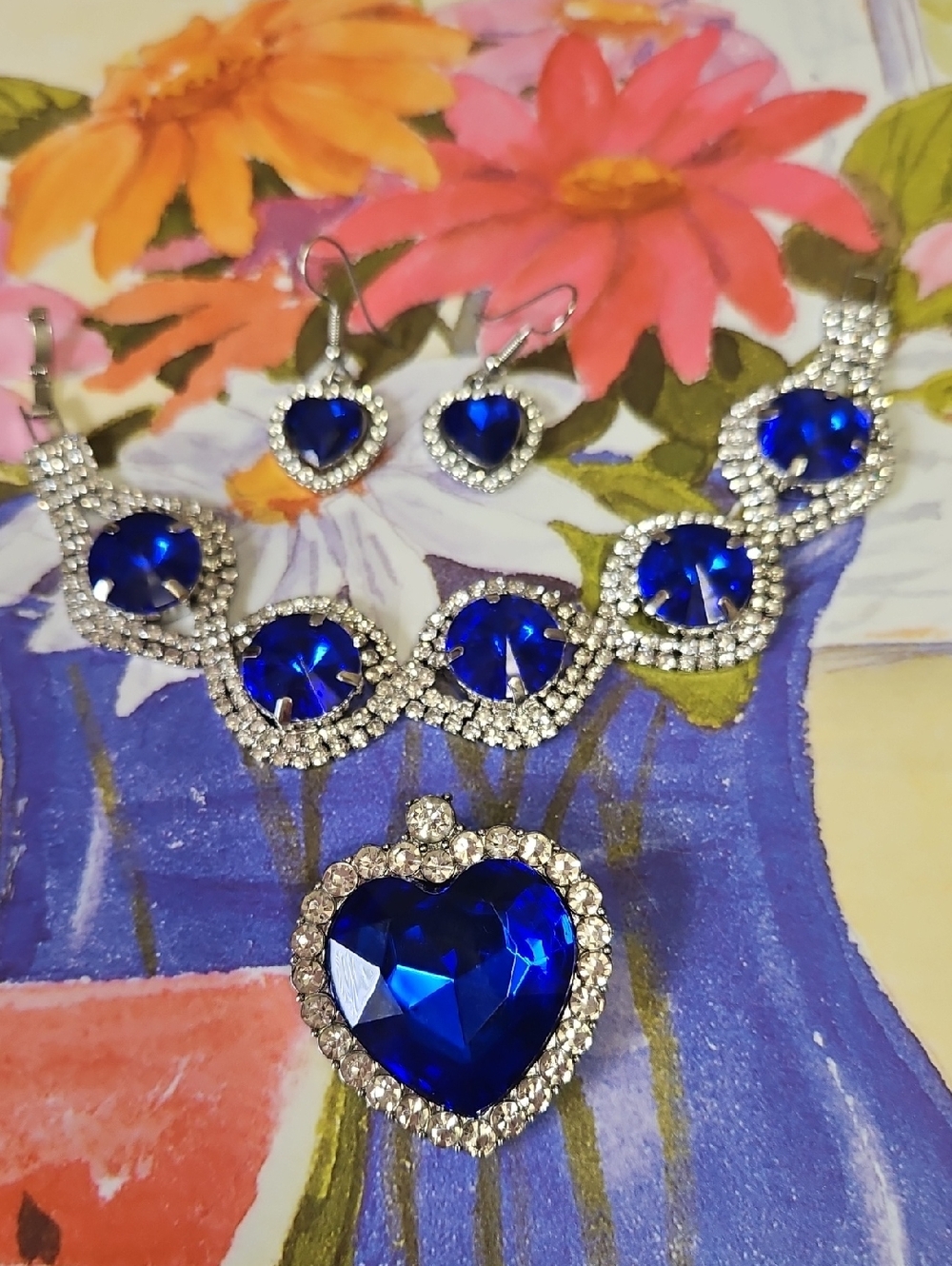 Royal BLUE Pierced Wire earrings Pendant & Bracelet Set Of 4 Pieces Titanic